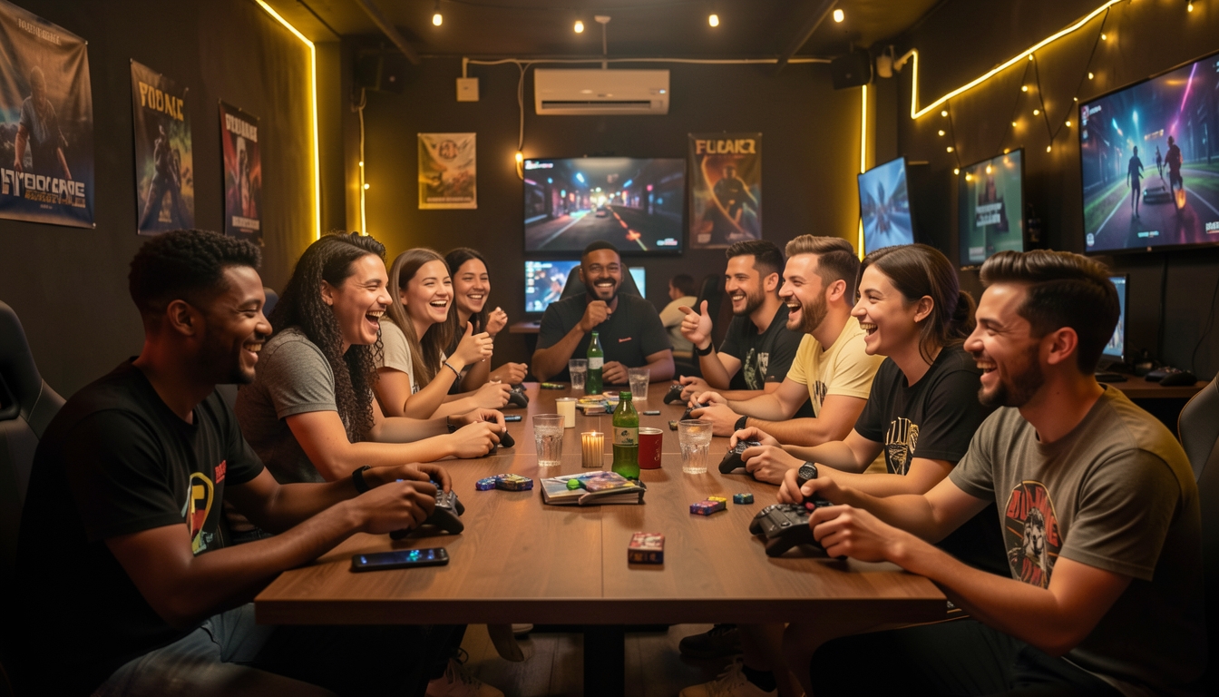 A group of friends laughing and playing party games together