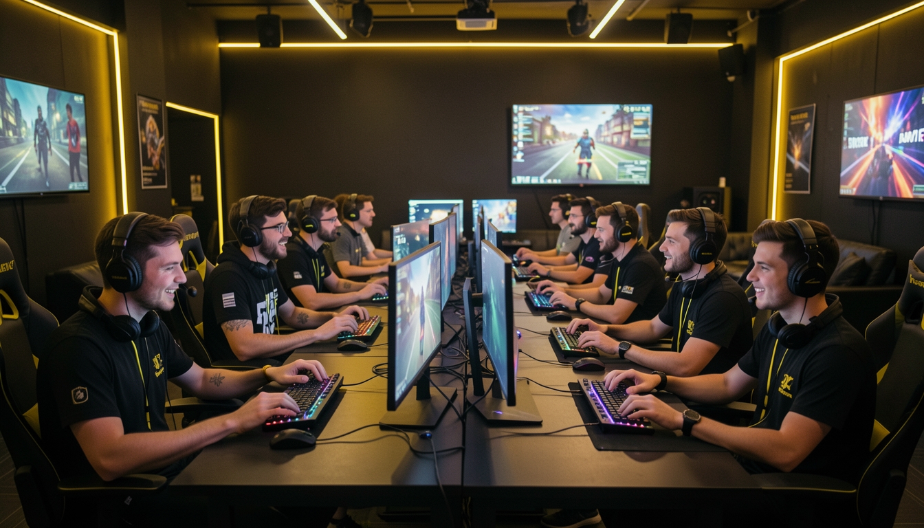 Two rows of players facing off across a table at a LAN night