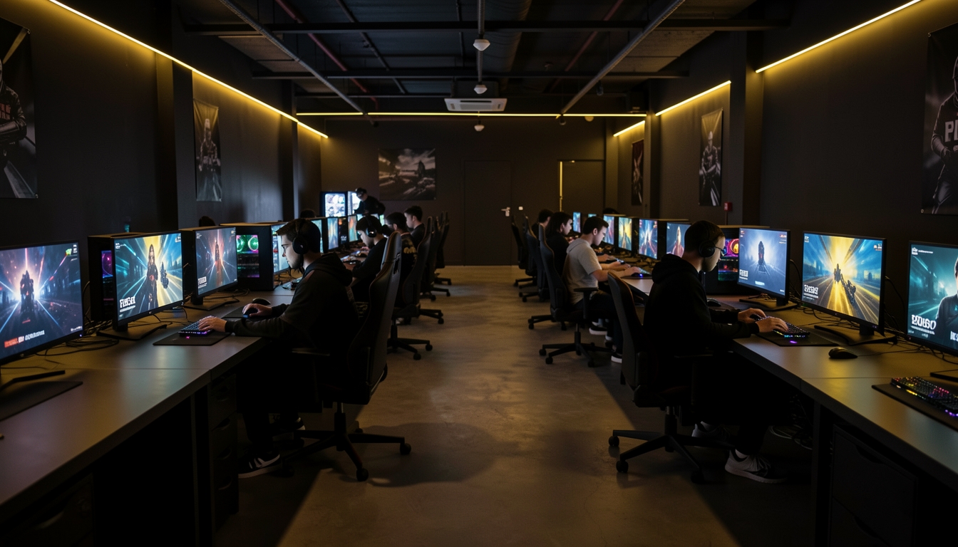 Rows of gaming stations in a dark esports cafe lit by warm yellow lighting