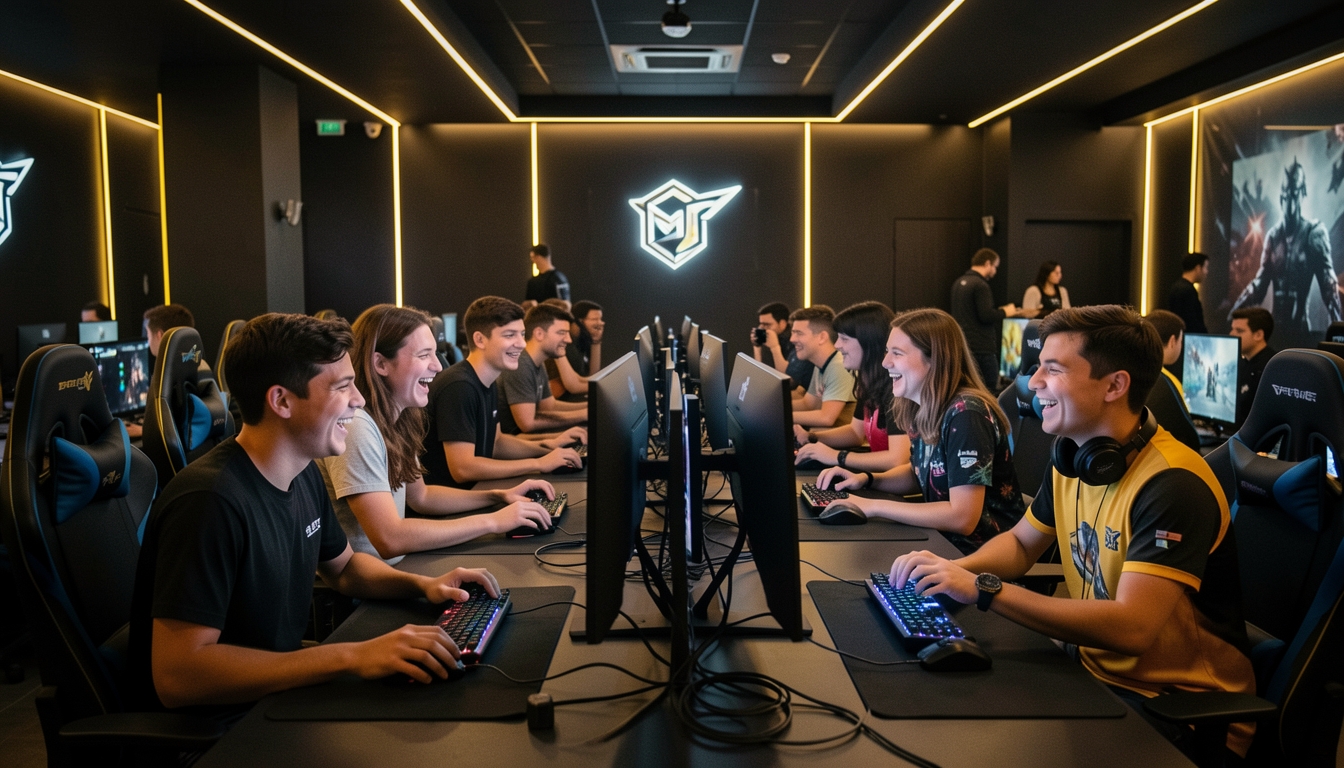 Friends gaming together side by side at a dark esports cafe