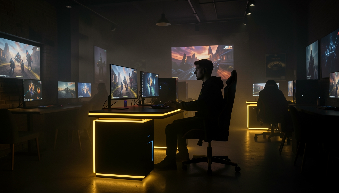 A gamer silhouetted at a glowing station in a dark gaming cafe