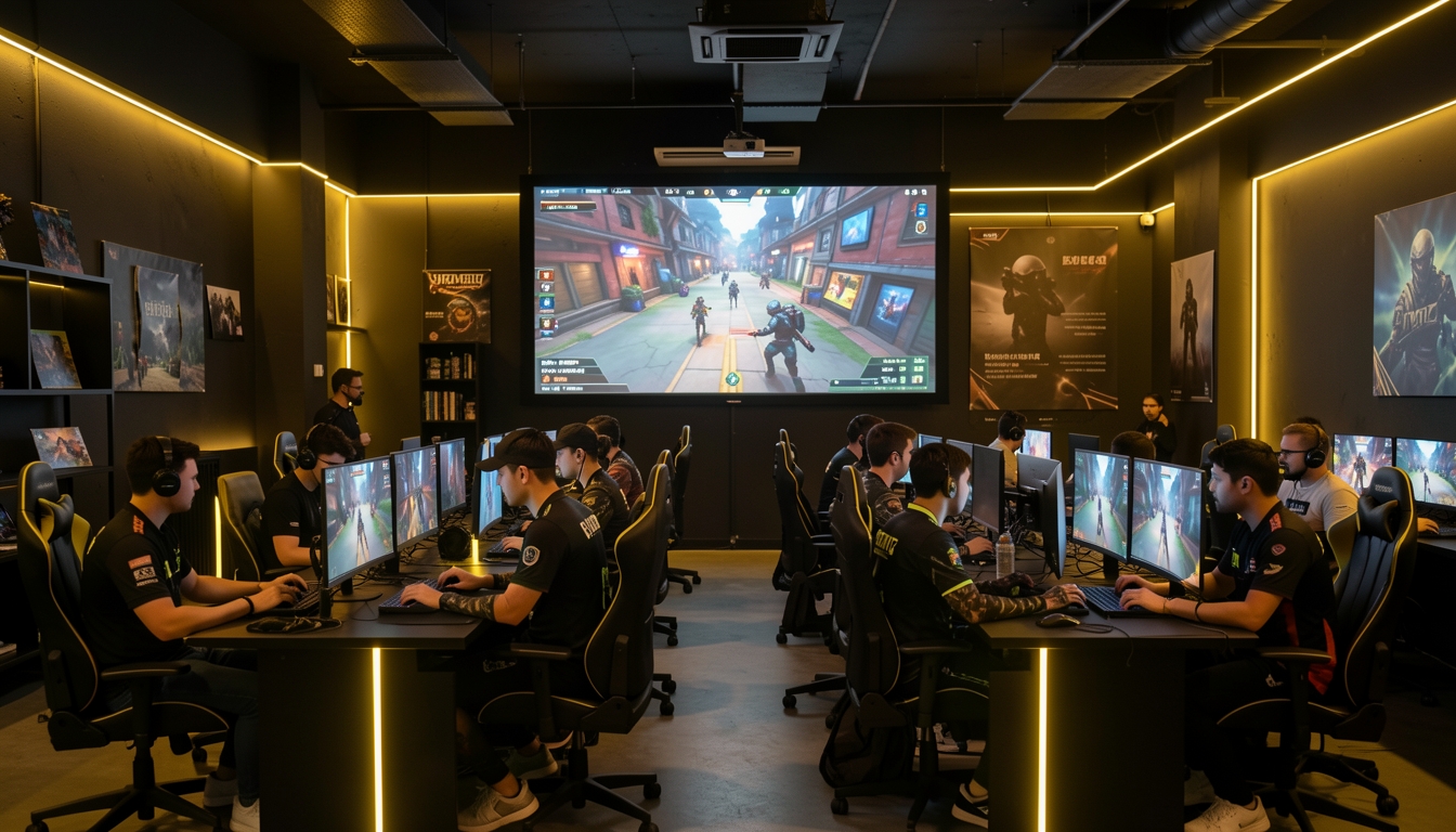 Players competing in an esports tournament at a dark gaming cafe